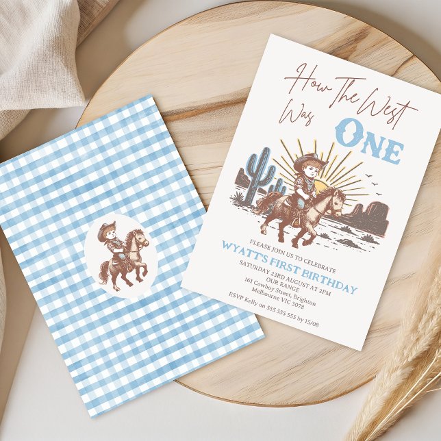 Rustic Brown Blue Hur Väster var en första födelse Inbjudningar (Little Cowboy How The West was One 1st Birthday Invitation Template, Western 1st Birthday Invitation)