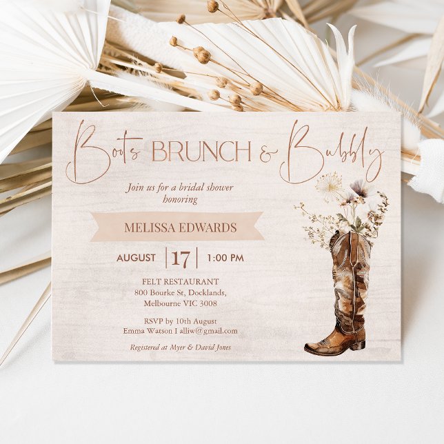 Rustic Brown Boot Brunch BubLY Möhippa Inbjudningar (Rustic Boot Brunch Bridal Shower Invitation Template, Floral Cowgirl Boot Bridal Shower Invitation)