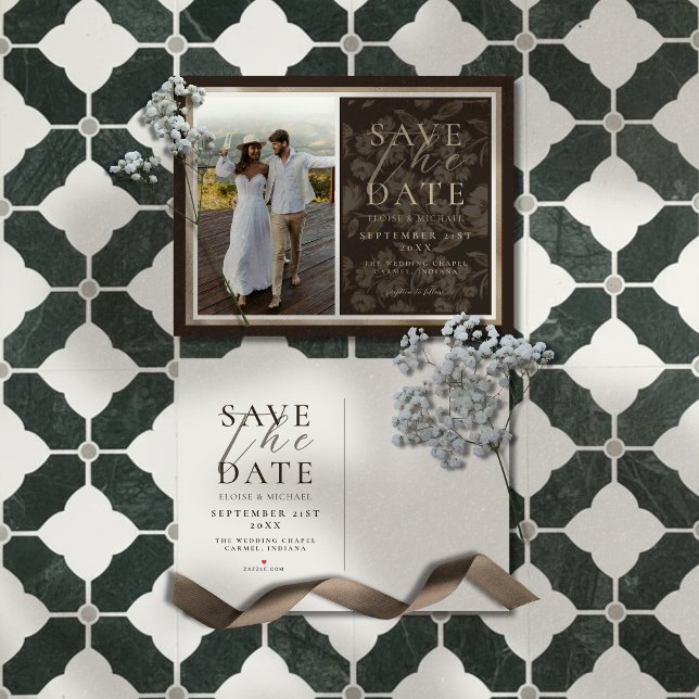 Rustic Brown Botanical Pattern Photo Wedding Meddelande Vykort (Announce your big day in a sophisticated style with this Rustic Brown Botanical Pattern Photo Card!)