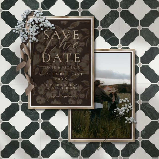 Rustic Brown Botanical Pattern Photo Wedding Spara Datumet (Announce your big day in a sophisticated style with this Rustic Brown Botanical Save the Date!)