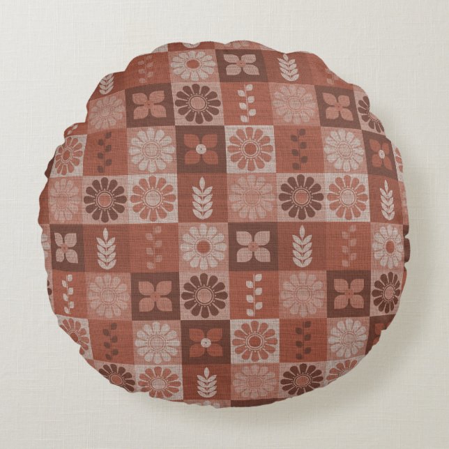 Rustic Brown Burlap Flowers Löv Round Pillow Rund Kudde (Framsidan)