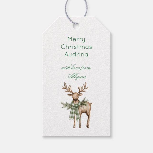 Rustic Brown Cream Green Christmas Deer Presentetikett (Framsidan)