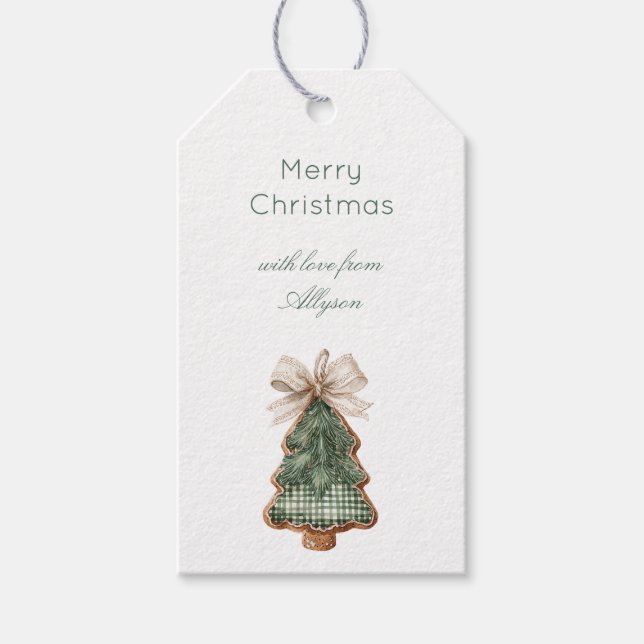 Rustic Brown Cream Green Christmas Tree Bow Presentetikett (Framsidan)