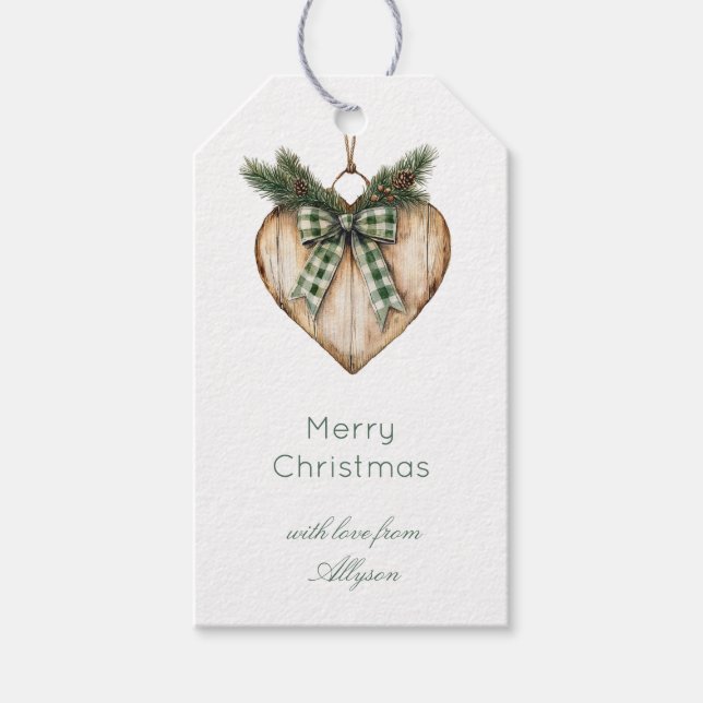 Rustic Brown Cream Green Heart Bow Christmas   Presentetikett (Framsidan)