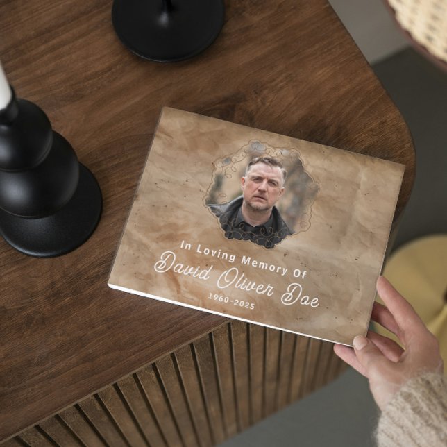 Rustic Brown Custom Text Photo Memorial Funeral Gästböcker (rustic guest books in loving memory funeral memorial remembrance keepsake celebration of life photo)