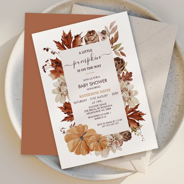 Rustic Brown Fall Little Pumpkin Baby Shower Inbjudningar (Rustic Little Pumpkin baby Shower Invitation Template, Fall Baby Shower Invitation, Gender Neutral)