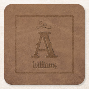 Rustic Brown Faux Leather Anpassningsbar Monogram  Underlägg Papper Kvadrat
