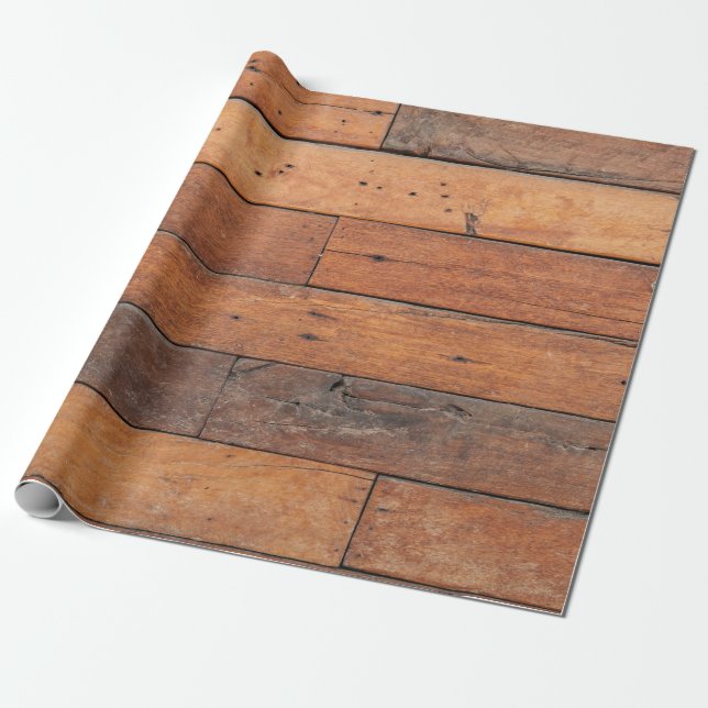 Rustic Brown Faux Wood Planks Mönster Presentpapper (Utrullad)