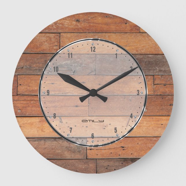 Rustic Brown Faux Wood Planks Mönster Stor Klocka (Framsida)