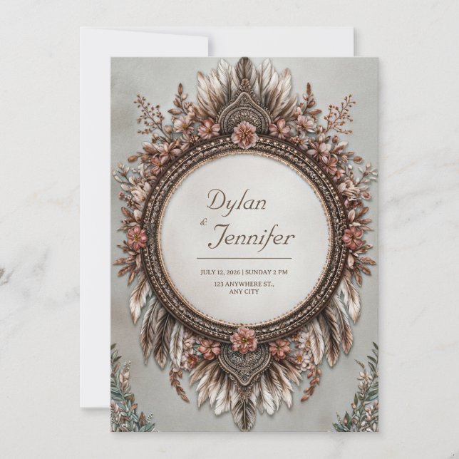 Rustic Brown Feather Dusty Rose Floral Wedding Inbjudningar (Framsida)