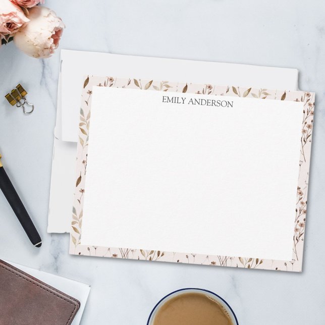 Rustic Brown Flower Löv Blommigt Botanical Mönster Anteckningskort (In situ)