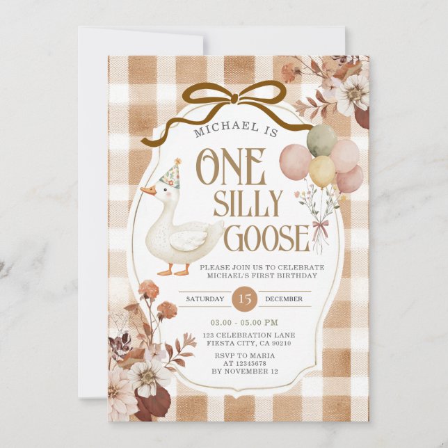 Rustic Brown Gingham One Silly Goose Birthday  Inbjudningar (Framsida)