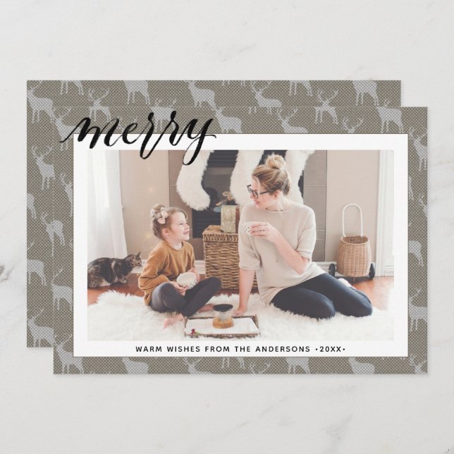 Rustic Brown Grått Burlap Elegant-skript MERRY Julkort (Fram/baksida)