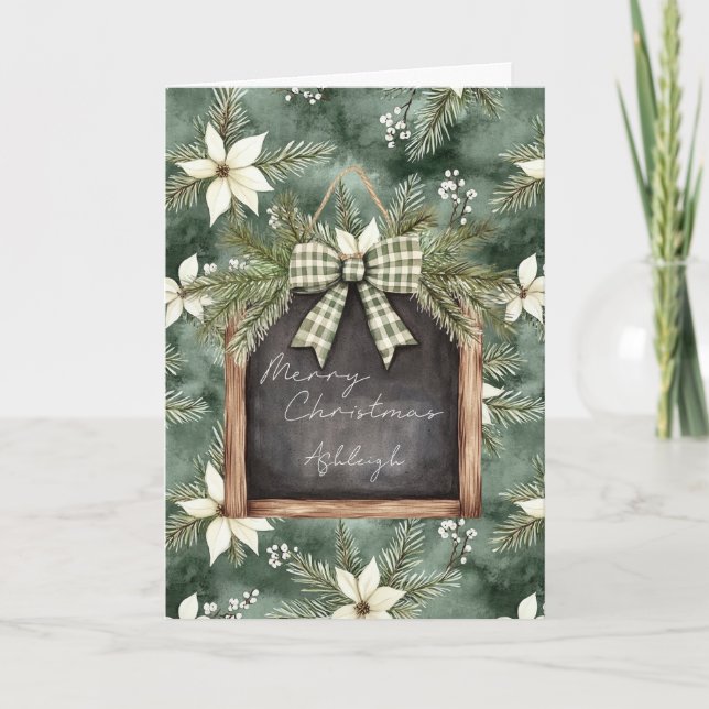 Rustic Brown Green Christmas Chalkboard Floral Bow Kort (Framsida)