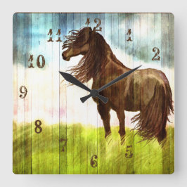 Rustic Brown Horse Painting Wall Clock Fyrkantig Klocka
