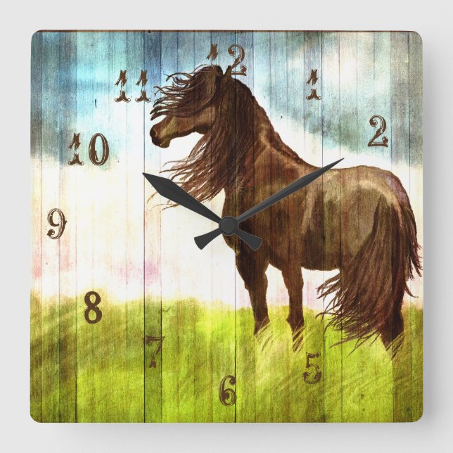 Rustic Brown Horse Painting Wall Clock Fyrkantig Klocka (Framsida)