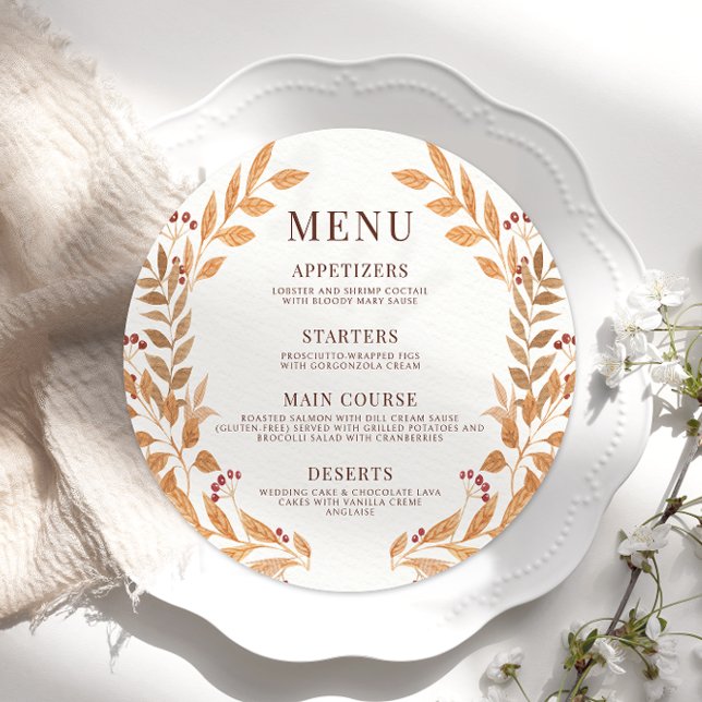 Rustic Brown Höst löv Bröllop Round Flat Menu Meny (Skapare uppladdad)