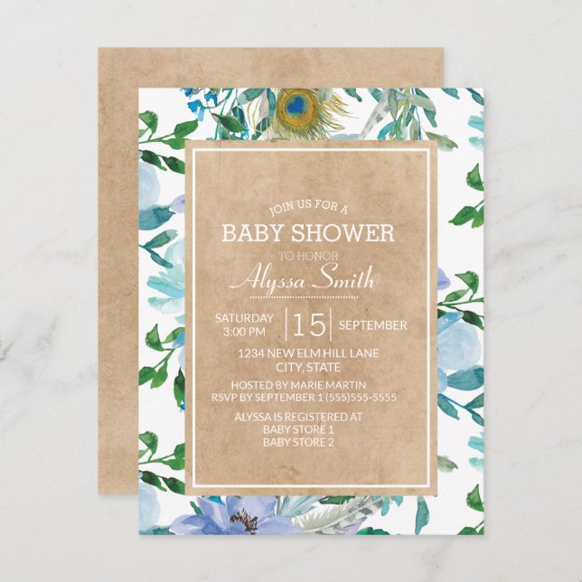 Rustic Brown Kraft Blue White Blommigt Baby Shower Inbjudningar (Fram/baksida)