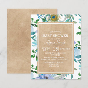 Rustic Brown Kraft Blue White Blommigt Baby Shower Inbjudningar