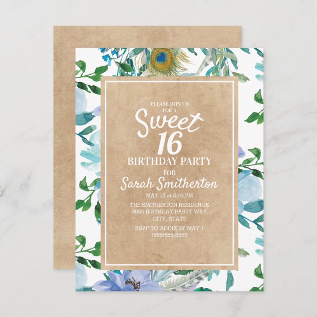 Rustic Brown Kraft Blue White Blommigt Sweet 16 Inbjudningar (Fram/baksida)