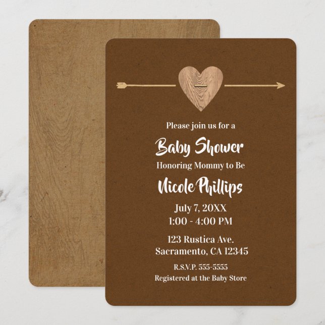 Rustic Brown Kraft Heart Arrow Barn Baby Shower Inbjudningar (Fram/baksida)