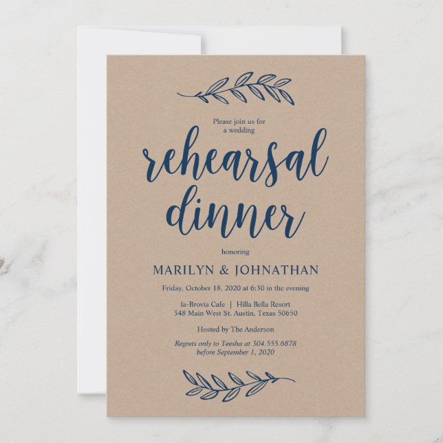Rustic Brown Kraft, Rehearsal Dinner, Navy Blue Inbjudningar (Framsida)