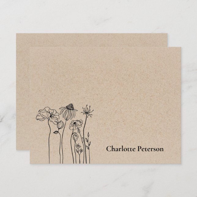 Rustic Brown Kraft Wildblomma Anteckningskort (Fram/baksida)