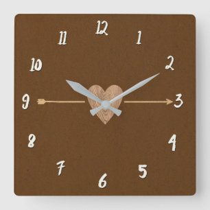 Rustic Brown Kraft Wood Heart & Arrow Fyrkantig Klocka