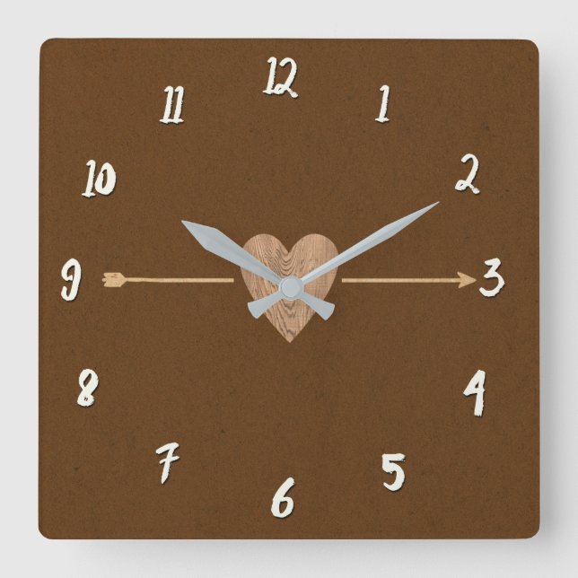 Rustic Brown Kraft Wood Heart & Arrow Fyrkantig Klocka (Framsida)