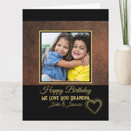 Rustic Brown Leather Happy Birthday Grandpa Photo Kort
