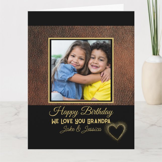Rustic Brown Leather Happy Birthday Grandpa Photo Kort (Framsida)