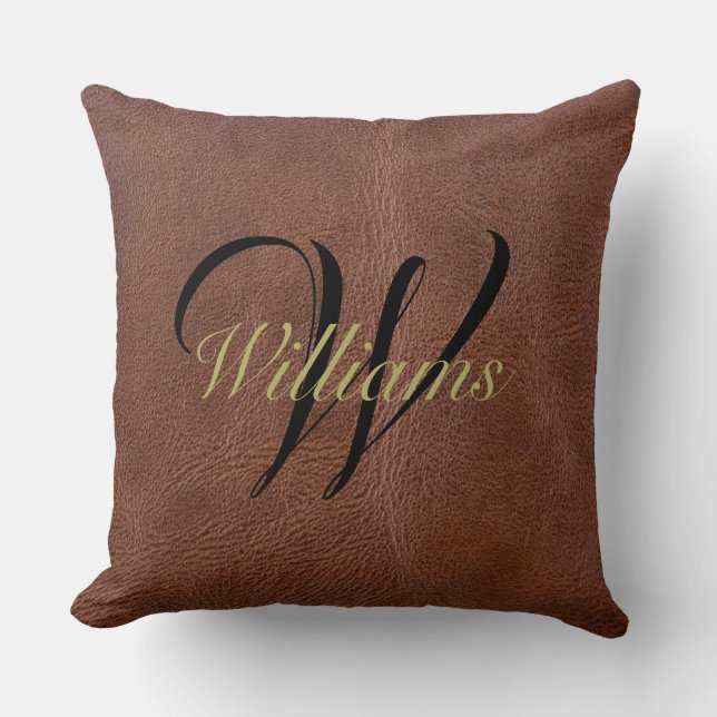 Rustic Brown Leather Titta Monogrammed Dekorativ k Kudde (Framsida)