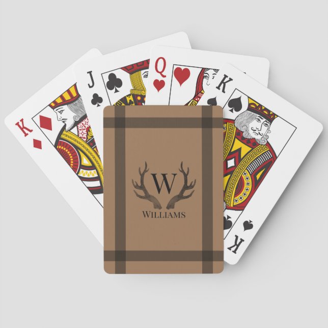 Rustic Brown och Black Antlers Monogram och Namn Casinokort (Baksidan)