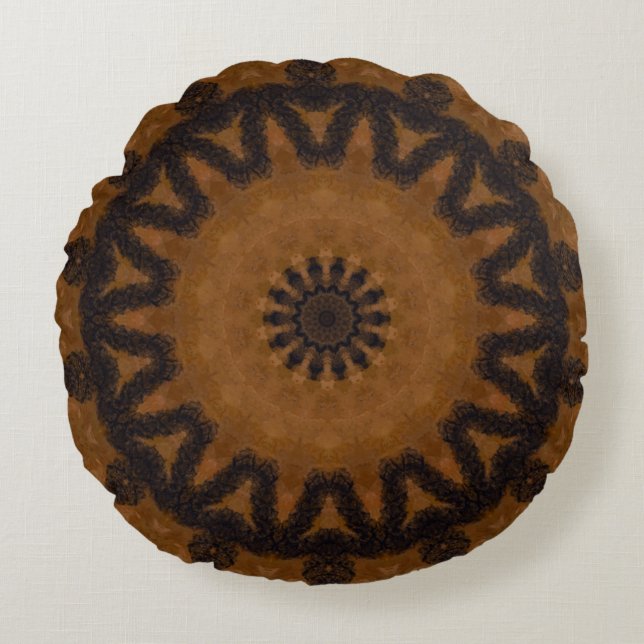 Rustic Brown och Black Wood Mandala Rund Kudde (Framsidan)
