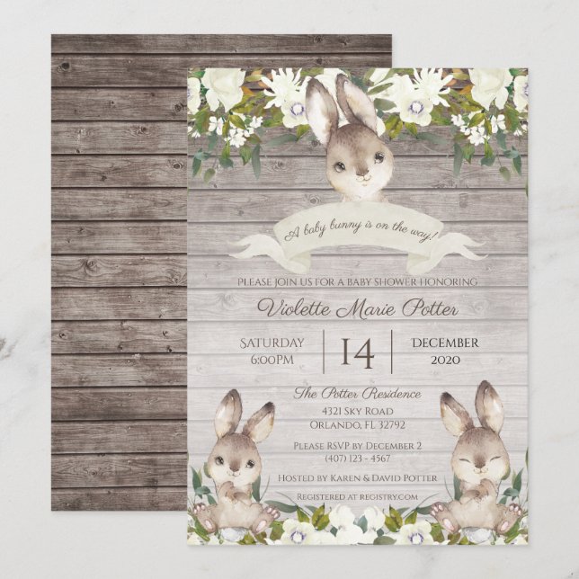 Rustic Brown och White Bunny Rabbit Baby Shower Inbjudningar (Fram/baksida)