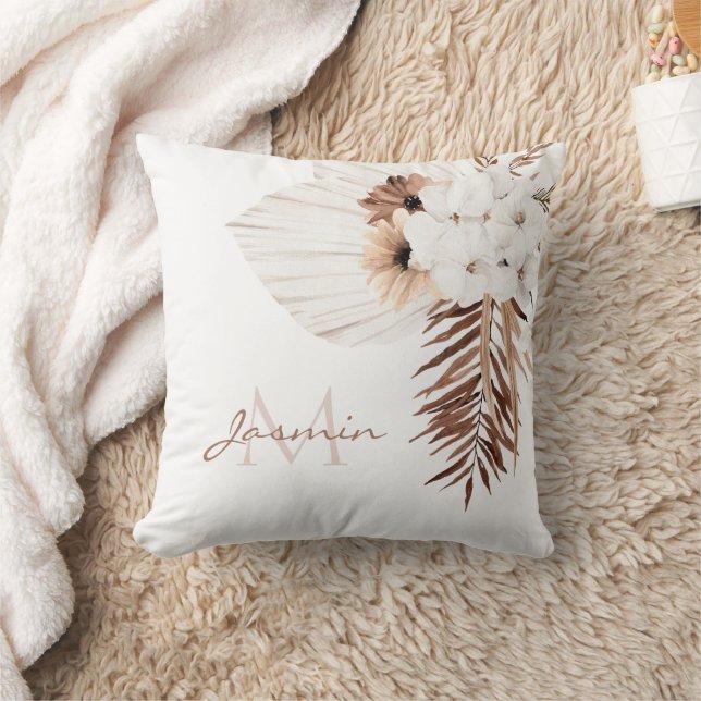 Rustic Brown Pampas Grass White Orchids Monogram Kudde (Filt)