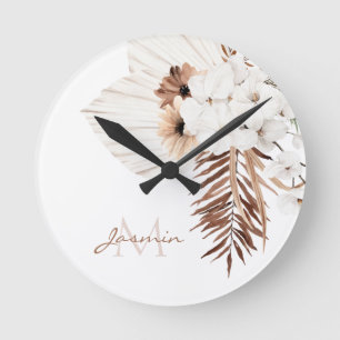 Rustic Brown Pampas Grass White Orchids Monogram Rund Klocka