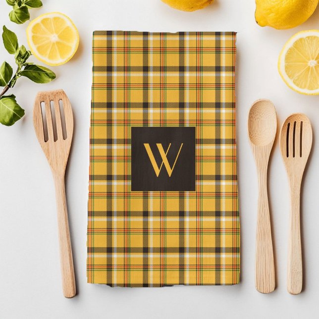 Rustic Brown Play Mönster Monogram Kökshandduk (Rustic Brown Plaid Pattern Monogram Kitchen Towel)