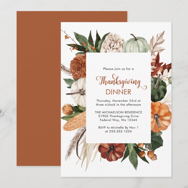 Rustic Brown Pumpkin Thanksgiving Middag Inbjudningar (Fram/baksida)