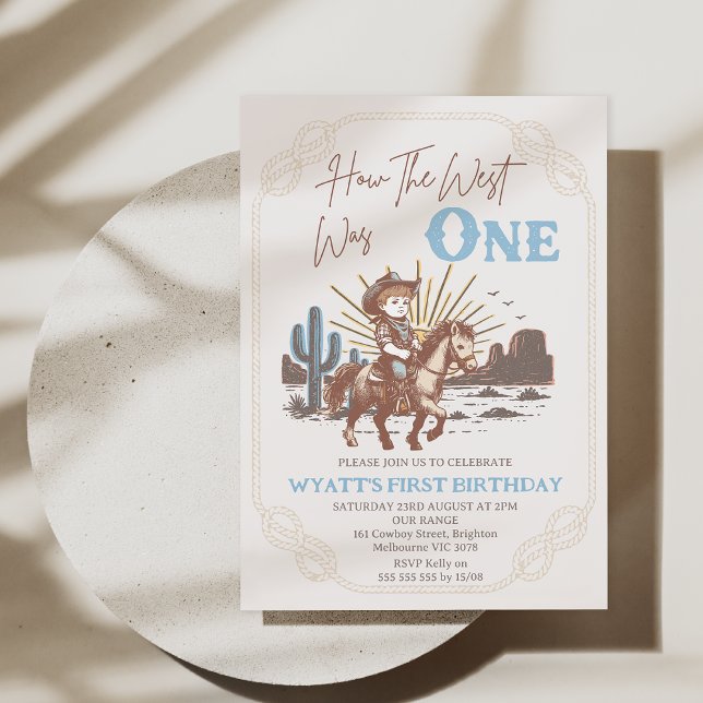Rustic Brown Ram hur Väster var en första födelsed Inbjudningar (How the West Was One Birthday Invitation Printable, Western Cowboy 1st Birthday Invitation Template)