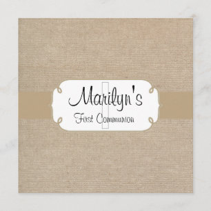 Rustic Brown Sand och Beige Burlap First Communice Inbjudningar