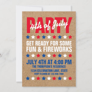 Rustic Brown Stamped Star 4:e juli Party Inbjudningar
