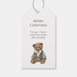 Rustic Brown Teddy Bear Green Plaid Christmas  Presentetikett