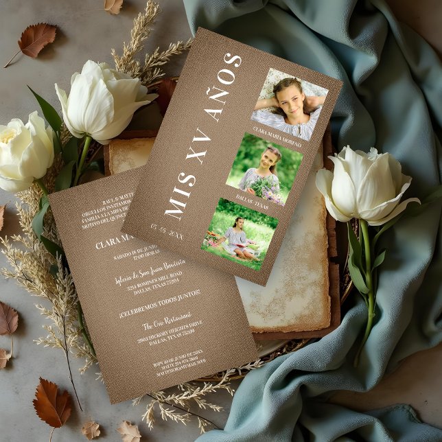 Rustic Brown Textile Quinceañera med 3 foton (Rustic Brown Quinceañera Invitation with Fabric Texture & 3 Custom Photos Invitations Cards. )