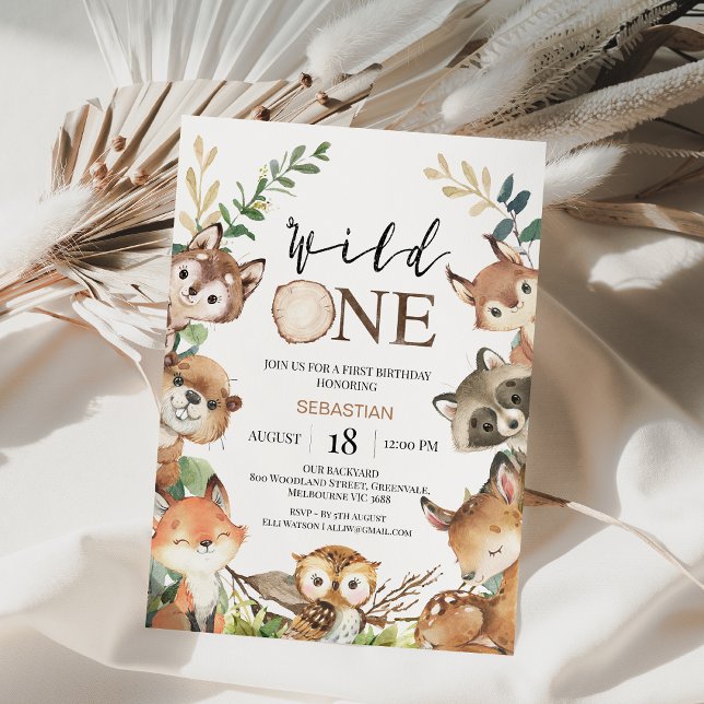 Rustic Brown vild One Boys Woodland 1:a födelsedag Inbjudningar (Boy Woodland 1st Birthday Invite,woodland Animals Party Invitation,wild One 1st Birthday Invitation)