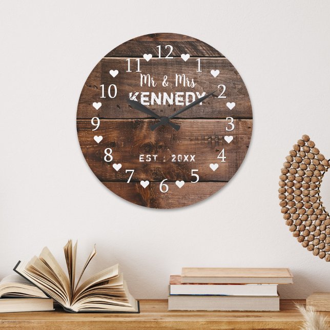 Rustic Brown Weasted Wood Bröllop Stor Klocka (Rustic Brown Weathered Wood Wedding Large Clock
)