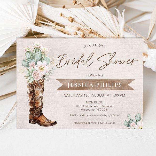 Rustic Brown Western Cowgirl Boot Möhippa Inbjudningar (Rustic Boho Beige Boot Brunch Bridal Shower Invitation Template, Cowgirl Boot Bridal Shower Invite)