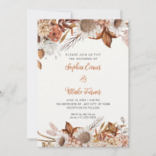 Rustic Brown White Flowers Boho Benvitare Bröllop Inbjudningar