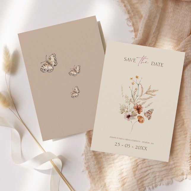 Rustic Brown Wildblommor och Butterflies Bröllop Spara Datumet (Rustic Brown Wildflowers and Butterflies Wedding Save The Date)