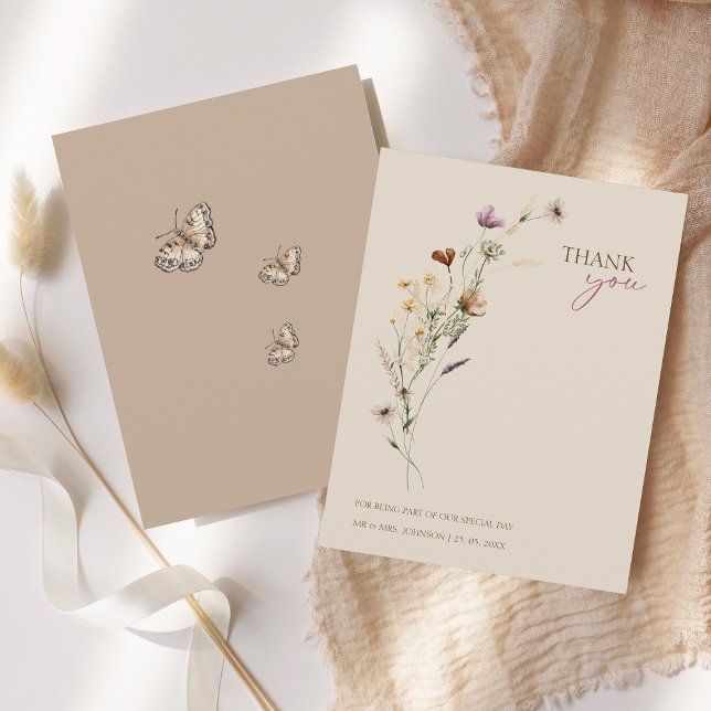 Rustic Brown Wildblommor och Butterflies Bröllop Tack Kort (Rustic Brown Wildflowers and Butterflies Wedding Thank You Card)